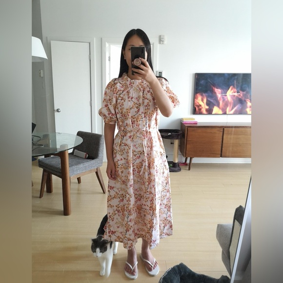 J. Crew Smocked Neck Puff-Sleeve Cotton Dress Pink Peach Cherry Blossoms LG NWT - Picture 10 of 14